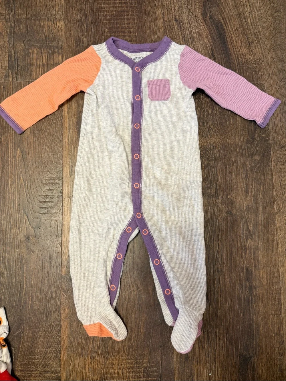 Carter's Neutral Waffle Knit Footed One-Piece with Purple Trim and Orange Sleeve